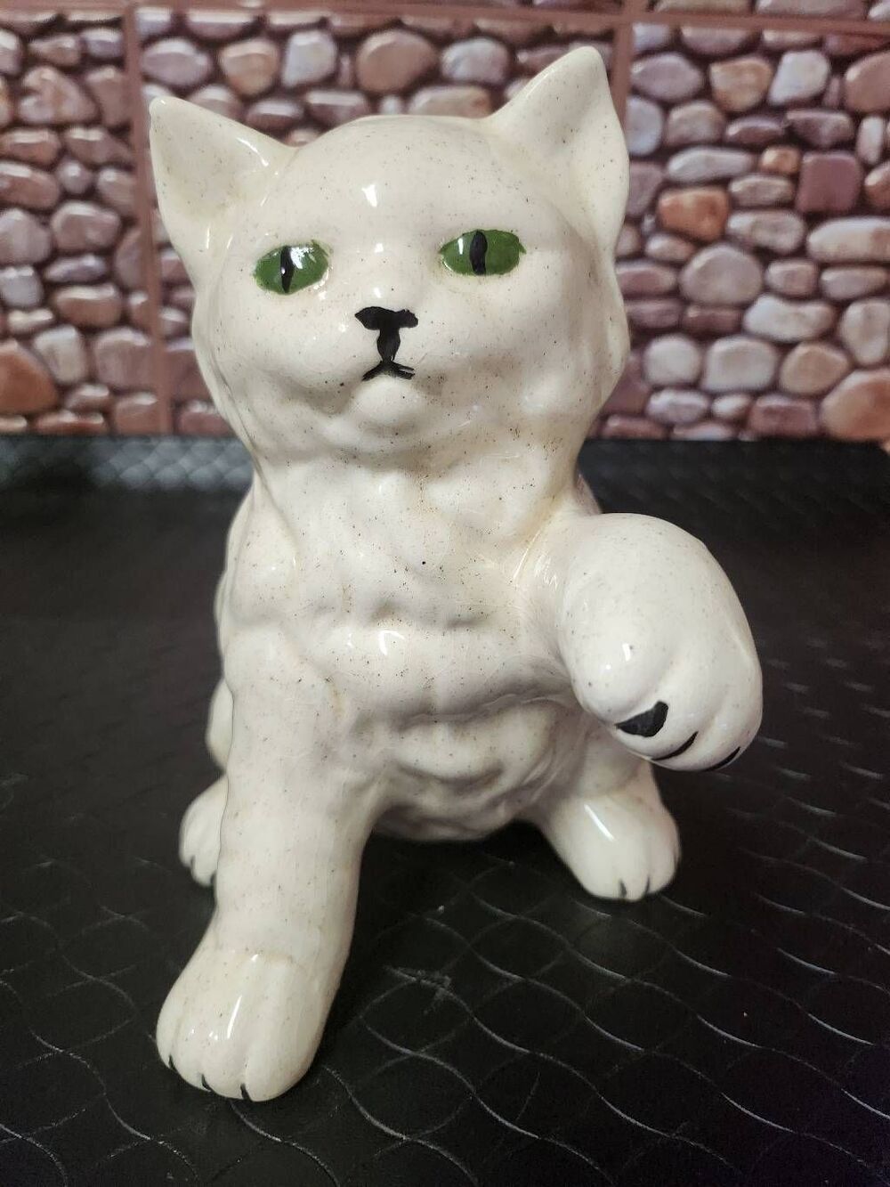 Vintage 8” Ceramic Cat White With Paw Up Figure